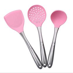 High temperature kitchen special stainless steel silicone kitchenware three sets of non-stick silicone kitchenware,Pink