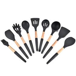 Silicone Kitchenware Set Of 9 Cooking Shovel Spoon Set Wood Plus Silicone Handle Colander Shovel Spaghetti Spoon Set