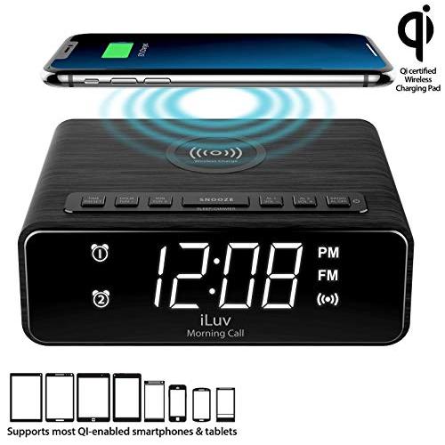 iLuv Wireless Charging Alarm Clock Radio with LED White Display, Dual Alarm,Qi-Certified, Compatible iPhone 11, 11 Pro, 11 Pro Max, XR, XS Max, XS, X, 8, 8 Plus, Samsung Galaxy S10 S9 S8, AirPods 2G