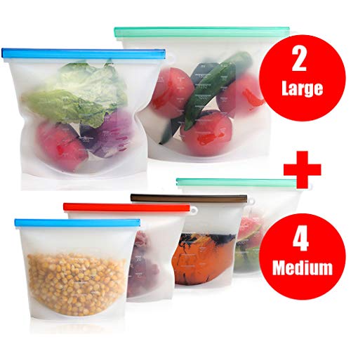 Reusable Silicone Sandwich Bags 6 pack, Silicone Food Bags Ideal for Sandwich/Snacks/Freezer,Airtight Seal,Dishwasher Safe,Reusable Storage Bags(2 Large+4 Medium）