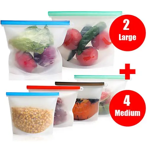 Reusable Silicone Sandwich Bags 6 pack, Silicone Food Bags Ideal for Sandwich/Snacks/Freezer,Airtight Seal,Dishwasher Safe,Reusable Storage Bags(2 Large+4 Medium）