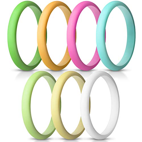 ThunderFit Womens Thin and Stackable Silicone Rings Wedding Bands - 7 Rings / 1 Ring 2.5mm Width - 1.8mm Thick