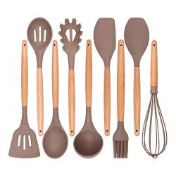 Jdeepued Silicone kitchenware 9 Pieces Brown Silicone Cooking Utensils Kitchen Utensil Set Wooden Handles Cooking Tools for Nonstick Cookware Brown Silicone Kitchen Utensils
