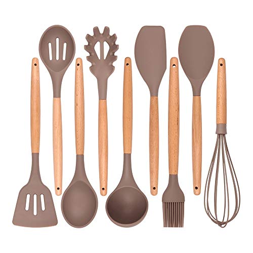 Jdeepued Silicone kitchenware 9 Pieces Brown Silicone Cooking Utensils Kitchen Utensil Set Wooden Handles Cooking Tools for Nonstick Cookware Brown Silicone Kitchen Utensils