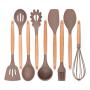 Jdeepued Silicone kitchenware 9 Pieces Brown Silicone Cooking Utensils Kitchen Utensil Set Wooden Handles Cooking Tools for Nonstick Cookware Brown Silicone Kitchen Utensils