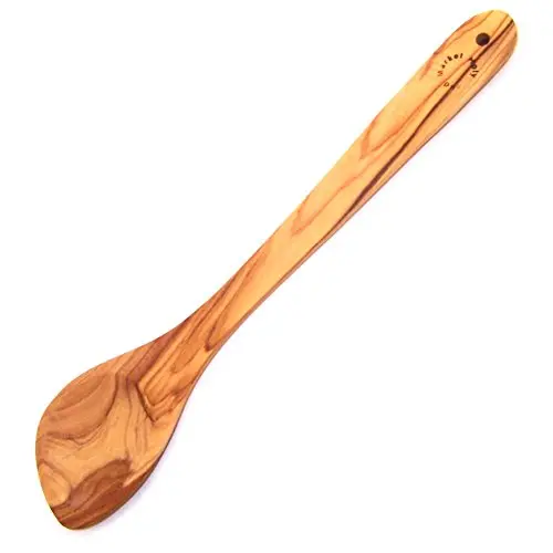 Large Hand Carved Olive Wood Corner or Pointed Spoon/Spatula - (13.5 Inches) - Asfour Outlet Trademark