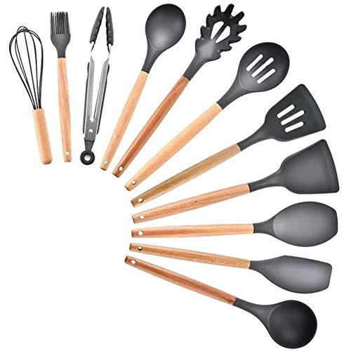 11pcs set Silicone Kitchenware Set Kitchenware Eggbeater Scoop Household Wood Handle Cooking Tools Shovel Oil Brush