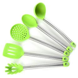 JunbosiKitchenware Silicone Kitchenware 5 Piece Set Stainless Steel Handle Cooking Leaking Nonstick Cookware Set Kitchen Tool