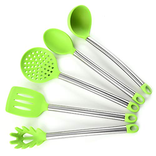 JunbosiKitchenware Silicone Kitchenware 5 Piece Set Stainless Steel Handle Cooking Leaking Nonstick Cookware Set Kitchen Tool