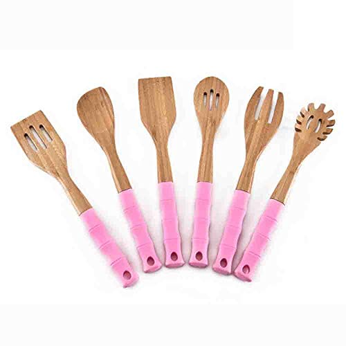 Hjyi Silicone Kitchen Utensils Set multifunctional cooking spoon shovel silicone bamboo handle kitchenware (set of 6 pieces)