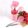 Non-stick Kitchen Cooking Utensils Heat Resistant Baking Tools Silicone Kitchenwares With Stainless Steel Handle,Pink Colander