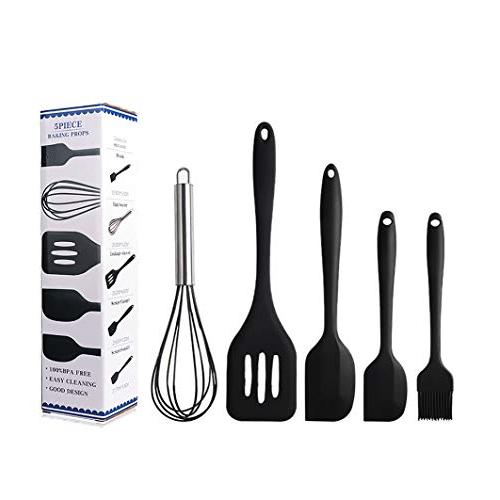 Silicone Cooking Baking Utensil Set - 5 Pcs Spatula Kitchen Utensil Kitchenware Non-Stick & Heat Resistant Black