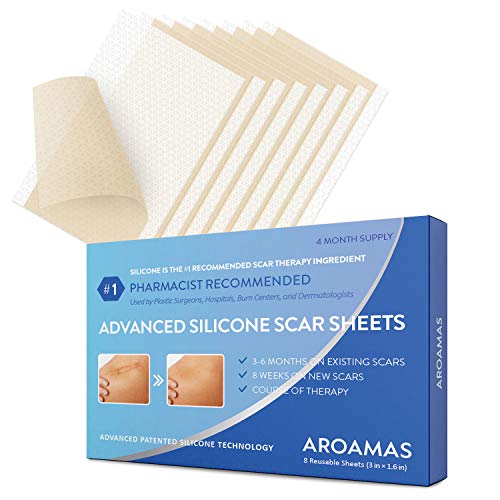 Aroamas Professional Silicone Scar Sheets, Soften and Flattens Scars Resulting from Surgery, Injury, Burns, Acne, C-section and more, Soft Silicone Scar Strips, 3&quot×1.57&quot, 8 Sheets (4 Month Supply)