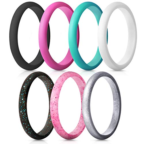 ThunderFit Womens Thin and Stackable Silicone Rings Wedding Bands - 7 Rings / 1 Ring 2.5mm Width - 1.8mm Thick