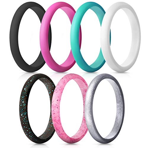 ThunderFit Womens Thin and Stackable Silicone Rings Wedding Bands - 7 Rings / 1 Ring 2.5mm Width - 1.8mm Thick