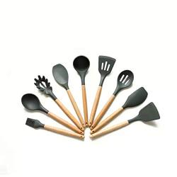 Gwjs Silicone Wooden Handle Kitchen Utensils, Non-stick Spatula Silicone Kitchenware Kitchen Gadgets Kitchen Utensils-nine-piece Set 32cm(12.6inch)