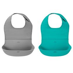 OXO Tot 2-Piece Waterproof Silicone Roll Up Bib with Comfort-Fit Fabric Neck, Gray/Teal