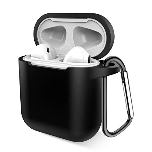 Airpods Case, Music tracker Protective Thicken Airpods Cover Soft Silicone Chargeable Headphone Case with Anti-Lost Carabiner for Apple Airpods 1&2 Charging Case (Black)