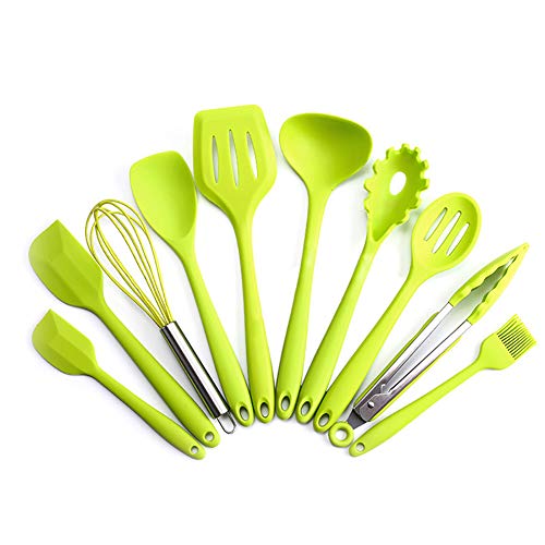 10 Piece Silicone Kitchenware - Kitchen Utensils Set Cooking Baking Tool Heat Resistant Nonstick Cookware Brush Turner Spoon Spatulas Green