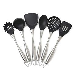 Jdeepued Silicone kitchenware 6pc Silicone Kitchen Utensil Set for Cooking and Baking in Black and Brushed Stainless Steel Black Silicone Kitchen Utensils (Color : Black, Size : 6 Piece Set)