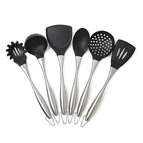 Jdeepued Silicone kitchenware 6pc Silicone Kitchen Utensil Set for Cooking and Baking in Black and Brushed Stainless Steel Black Silicone Kitchen Utensils (Color : Black, Size : 6 Piece Set)