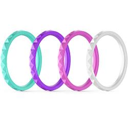 ThunderFit Thin and Stackable Silicone Rings, 8 Rings / 4 Rings / 1 Ring - Silicone Wedding Bands for Women - Diamond Pattern