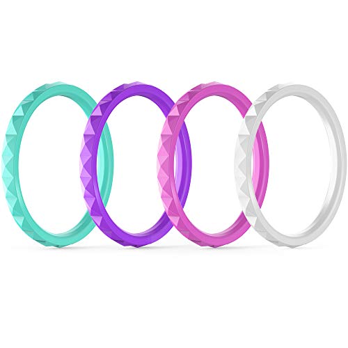 ThunderFit Thin and Stackable Silicone Rings, 8 Rings / 4 Rings / 1 Ring - Silicone Wedding Bands for Women - Diamond Pattern