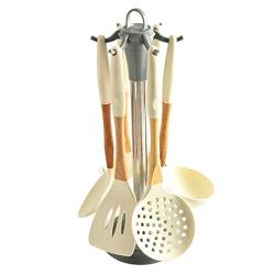 Hjyi Kitchen Cooking Silicone sleeve anti-skid wooden handle high temperature non-deformation large kitchenware silicone kitchenware set (set of 7 pieces)