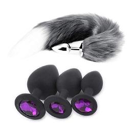 KM24- Women Faux Fox Tail -Būtt Plùgs Stainless Steel Bй/tt G-S*pót Toys+3-Piece Silicone Beginner Anales Plugs kit (Gray&Purple)