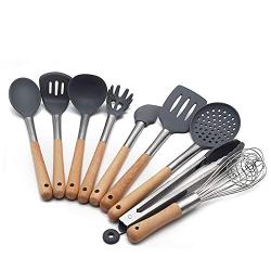 9 pieces Wooden Handle Silicone Kitchenware Set Plastic Cooking Tools Cookware Kitchen Tools