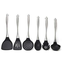 Jdeepued Silicone kitchenware 6pc Silicone Kitchen Utensil Set for Cooking and Baking in Black and Brushed Stainless Steel Black Silicone Kitchen Utensils (Color : Black, Size : 6 Piece Set)