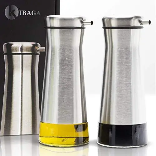 Gorgeous Olive Oil And Vinegar Dispenser Set of 2 - Elegant Stainless Steel Oil Cruet Set Guarantees Easy & Drip Free Pouring