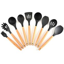 JunbosiKitchenware, Wooden Handle, Silicone Kitchenware, 9 Sets of Non-Stick Kitchen Utensils, Wooden Handle, Silicone Kitchenware Set