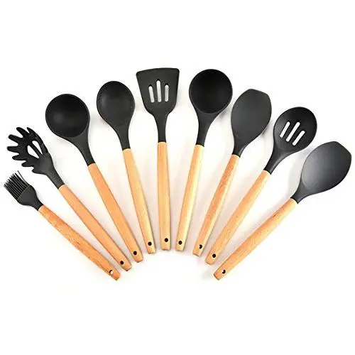 JunbosiKitchenware, Wooden Handle, Silicone Kitchenware, 9 Sets of Non-Stick Kitchen Utensils, Wooden Handle, Silicone Kitchenware Set