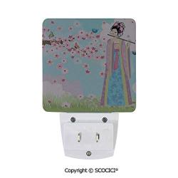 SCOCICI LED Night Light with Smart Dusk to Dawn Sensor, Oriental Girl Near Cherry Blossoms Spring Petals Grassland Japan Art Plug in Night Light Great for Any Dark Room(2 Pack)