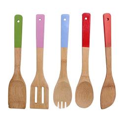 Kztiton - Cooking Tool Sets - 5pcs Set Multicolored Handle Cooking Utensils Non Stick Bamboo Durable Spatula - Sets Cooking Tool Cooking Tool Sets Kitchen Cook Spatula Wood Donkey Pendant Steamer Kit