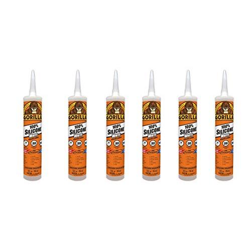 Gorilla White 100 Percent Silicone Sealant Caulk, Waterproof and Mold & Mildew Resistant, 10 ounce Cartridge, White, (Pack of 6)