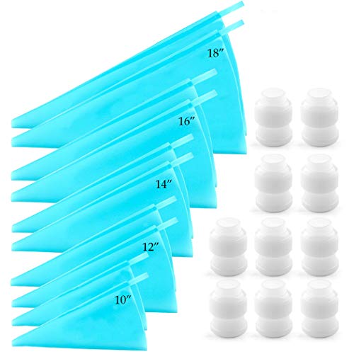 20Pc Silicone Pastry Bags and Coupler Set - 5 Sizes Reusable Thickening Icing Piping Bags Baking Cookie Cake Decorating Bags (10"+12"+14"+16"+18")- Standard Icing Couplers for Cake Decoratin (Blue)