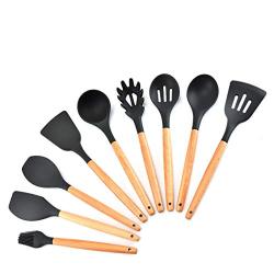 JunbosiKitchenware Silicone Kitchenware Set Wood Handle Silicone Kitchenware Set of 9 Non-Stick Shovel Spoon Set Kitchen Tools