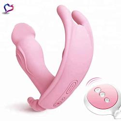 Pink Wearable Remote Control G-Spot, Clitoris & Anal Waterproof Silicone Butterfly Vibrator Dildo Adult Sex Toy