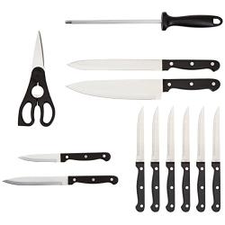 AmazonBasics 14-Piece Kitchen Knife Set with High-Carbon Stainless-Steel Blades and Pine Wood Block