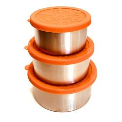 Snackerdoos Large 3-piece Stainless Steel Food Containers with BPA-free Silicone Lids for sandwiches, salads, and snacks for on-the-go families, professionals, and adventurers.