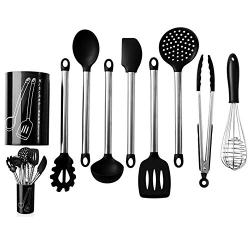 9Pcs Stainless Steel Kitchen Utensils set Tube Handle Silicone Pot Shovel Food Clip Kitchenware Accessories Cooking Utensil Set,black