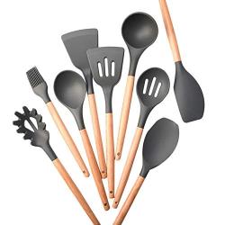 SHUHAO Kitchenware Set Silicone Cookware, 9 Pieces of Natural Wooden Handle Cookware Without BPA Kitchen Gadget Cookware Set, Suitable for Cooking