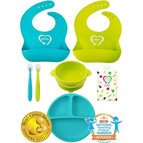 Baby Feeding Set | Silicone Bib Plates Bowls Spoons | Divided Plate Suction Bowl & Soft Spoon Aids Self Feeding | Adjustable Bib Easily Wipe Clean | Spend Less Time Cleaning Up After Toddler/Babies