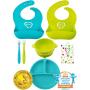 Baby Feeding Set | Silicone Bib Plates Bowls Spoons | Divided Plate Suction Bowl & Soft Spoon Aids Self Feeding | Adjustable Bib Easily Wipe Clean | Spend Less Time Cleaning Up After Toddler/Babies