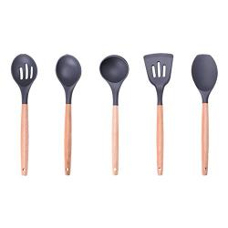 KAIDELIN Eco Friendly 9 Pieces Silicone Kitchen Utensils Set with Natural Wooden Handle Heat Resistant Non-Stick Pan Kitchenware Nonstick Spoon Scoop Soup Spoon Spatula (5)