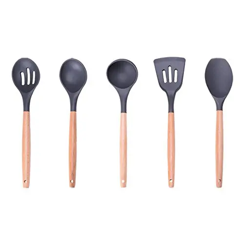 KAIDELIN Eco Friendly 9 Pieces Silicone Kitchen Utensils Set with Natural Wooden Handle Heat Resistant Non-Stick Pan Kitchenware Nonstick Spoon Scoop Soup Spoon Spatula (5)