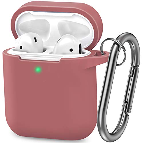 AirPods Case, Silicone Cover with U Shape Carabiner,360°Protective,Dust-Proof,Super Skin Silicone Compatible with Apple AirPods 1st/2nd (Brown)