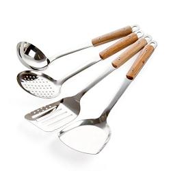 YingYing Home 4 pcs Eco-Friendly Wooden Handle Spatula Thickening Stainless Steel Kitchenware Spoon Shovel Practical Colander